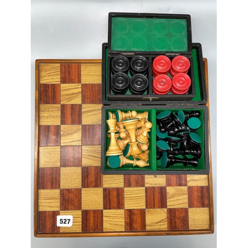 527 - CASED CHESS SET AND CASED SET OF DRAUGHTS WITH BOARD