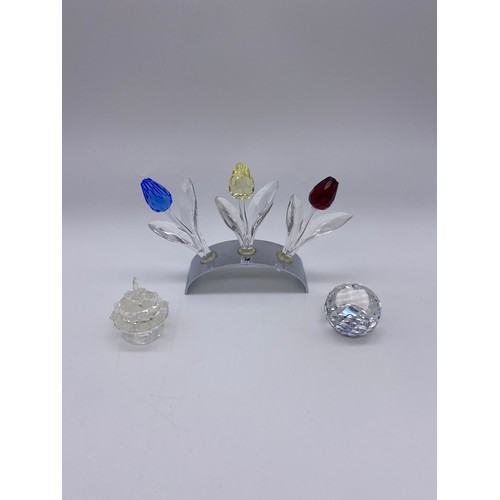 499 - BOXED SWAROVSKI TULIP TRIO, BIRTHDAY CAKE AND PRISM