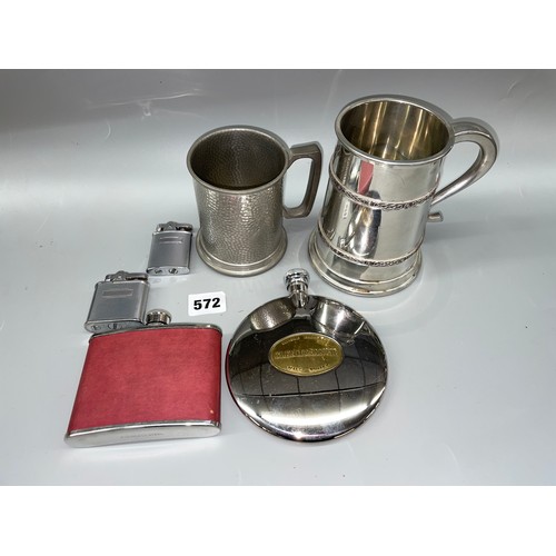 572 - PEWTER TANKARD, GLENMORANGIE CIRCULAR HIP FLASK AND ONE OTHER, TWO RONSON LIGHTERS