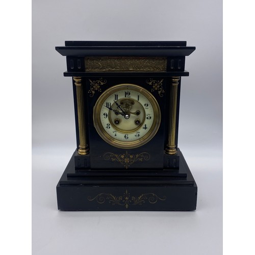 421 - BLACK SLATE AND INCISED ARCHITECTURAL MANTLE CLOCK