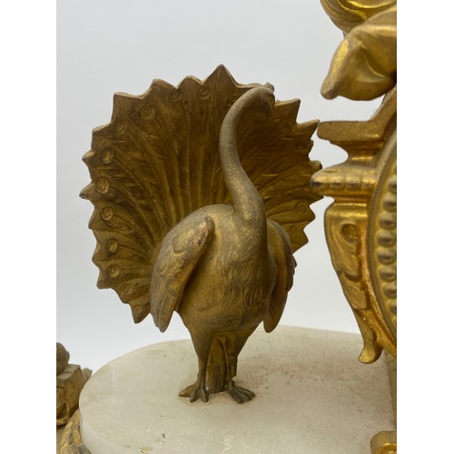 407 - 19TH CENTURY GILT METAL AND ALABSTER FIGURAL DRUM MANTLE CLOCK