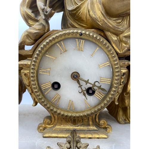 407 - 19TH CENTURY GILT METAL AND ALABSTER FIGURAL DRUM MANTLE CLOCK