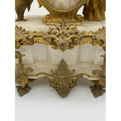 407 - 19TH CENTURY GILT METAL AND ALABSTER FIGURAL DRUM MANTLE CLOCK