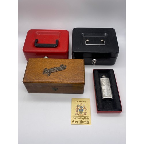 548 - TWO ENAMEL KEY LOCK CASH BOXES, CIGARETTE BOX AND PEWTER HIP FLASK