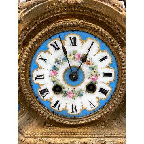 405 - 19TH CENTURY GILDED SPELTER AND PORCELAIN PANELLED CHERUB FIGURAL MANTLE CLOCK