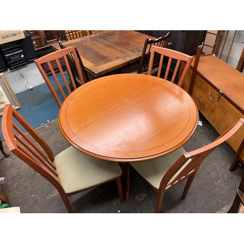 45 - CHERRYWOOD CIRCULAR PEDESTAL DINING TABLE AND FOUR UPHOLSTERED DINING CHAIRS