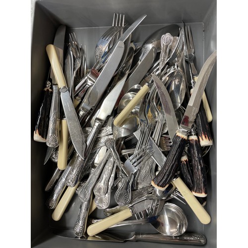 659 - BOX OF PLATED CUTLERY AND IMITATION HORN HANDLED STEAK KNIVES