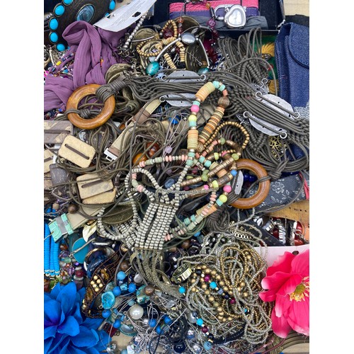 666 - TRAY OF VARIOUS COSTUME NECKLACES, POLISHED GLASS, WATCHES AND BANGLE