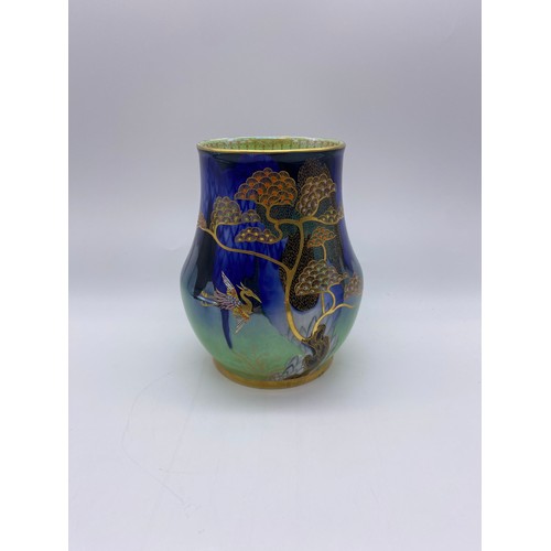 619 - CARLTON WARE GILDED LUSTRE SQUAT WAISTED VASE DECORATED WITH HERON & MAGICAL TREE