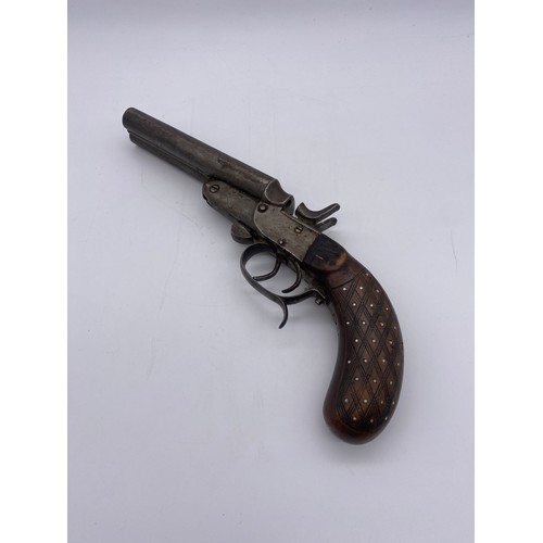 471 - 19TH CENTURY TWIN BARREL CAP PISTOL WITH WALNUT CROSS HATCHED INLAID STOCK