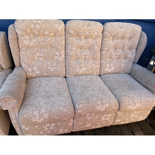 67 - GOOD QUALITY OATMEAL BUTTON BACK THREE SEATER SOFA WITH MATCHING RISER ARMCHAIR