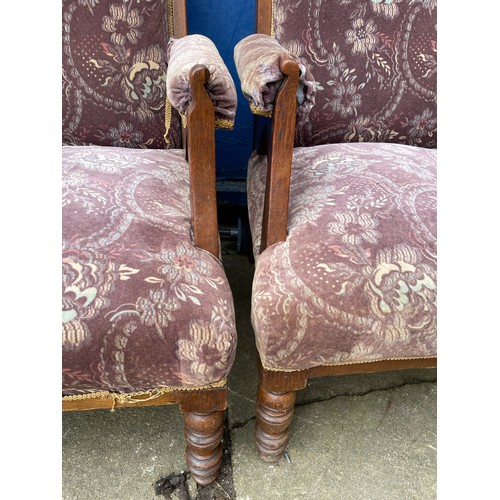 85 - PAIR OF CARVED OAK FRAMED UPHOLSTERED GENTLEMANS ARMCHAIRS