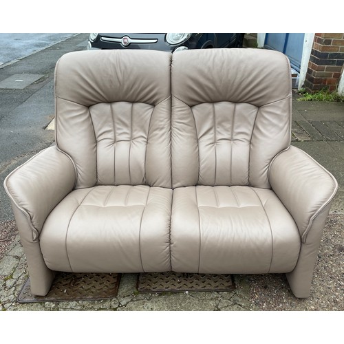 110 - HIMOLLA TAUPE EARTH LEATHER TWO SEATER SOFA WITH HIGH FIXED BACK AND MATCHING MANUAL RECLINING SWIVE... 