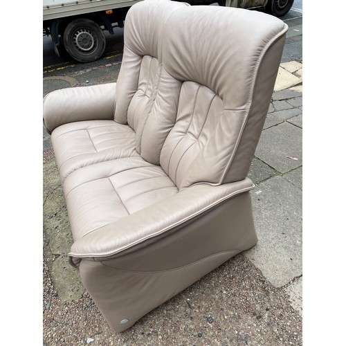 110 - HIMOLLA TAUPE EARTH LEATHER TWO SEATER SOFA WITH HIGH FIXED BACK AND MATCHING MANUAL RECLINING SWIVE... 