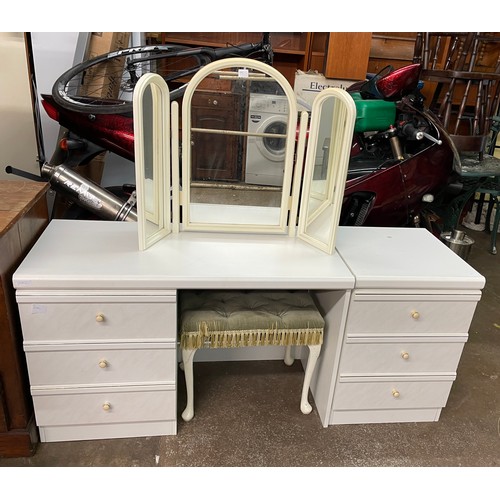 118 - WHITE MELAMINE KNEEHOLE DRESSING TABLE, STOOL AND THREE DRAWER CHEST