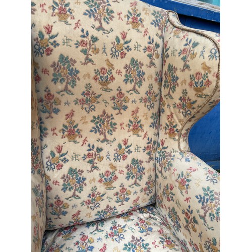 139 - QUEEN ANNE STYLE HIGH WING BACK ARMCHAIR ON CABRIOLE LEGS