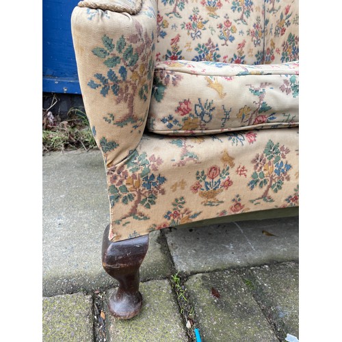 139 - QUEEN ANNE STYLE HIGH WING BACK ARMCHAIR ON CABRIOLE LEGS