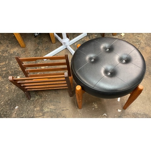 60 - SHERBORNE 1960S DRESSING STOOL AND TEAK SLATTED MAGAZINE RACK