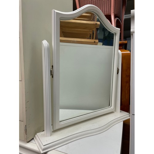 79 - WHITE MELAMINE DRESSING TABLE WITH TOILET MIRROR AND PAIR OF TWO DRAWER BEDSIDE CHESTS