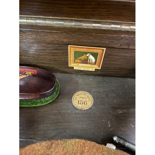 142 - VINTAGE OAK CABINET HMV MODEL 156 WIND UP GRAMOPHONE WITH ACCESSORIES