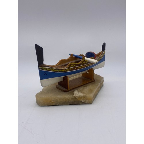 516 - DON DEMOTT BRASS SAIL BOAT ON STONE BASE AND A MODEL OF A GONDOLA