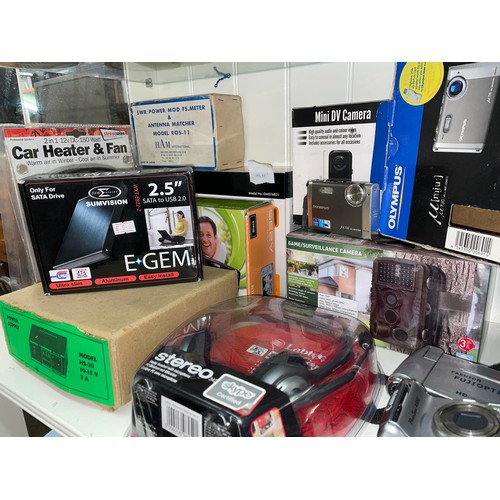 227 - OLYMPUS, FUJI, AND CANON DIGITAL CAMERAS, MINI DV CAMERA, POWER SUPPLIES AND HEADPHONES