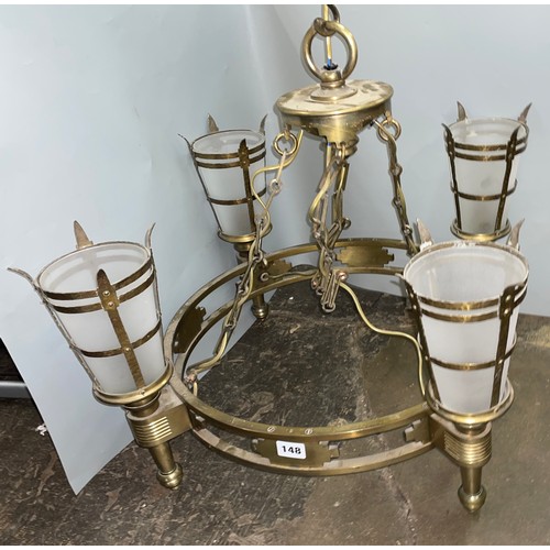 148 - BRASS GILT METAL FOUR TORCH CEILING LIGHT