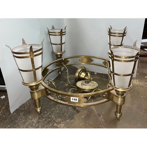 148 - BRASS GILT METAL FOUR TORCH CEILING LIGHT