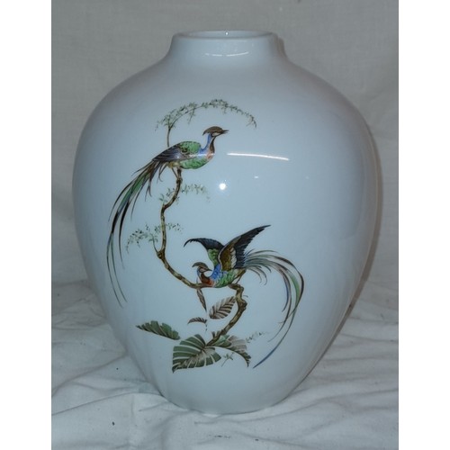 403 - REPRODUCTION BLUE AND WHITE PRINTED DOUBLE HANDLED TANKARD, TWIN HANDLED DISH, KAISER BIRD VASE