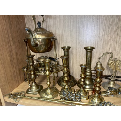 248 - SHELF OF BRASS INCLUDING CANDLE STICKS AND KETTLE