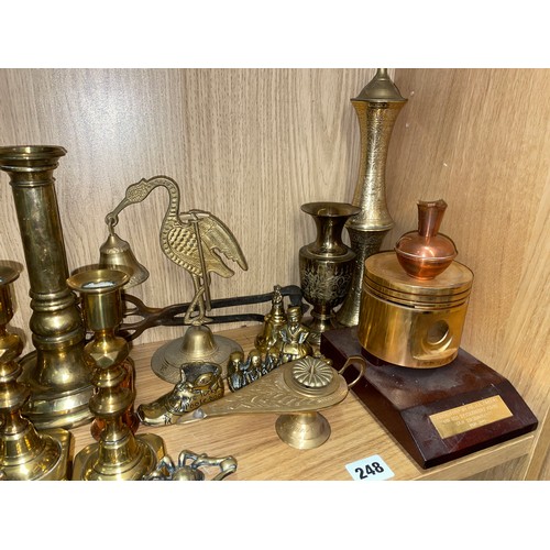 248 - SHELF OF BRASS INCLUDING CANDLE STICKS AND KETTLE