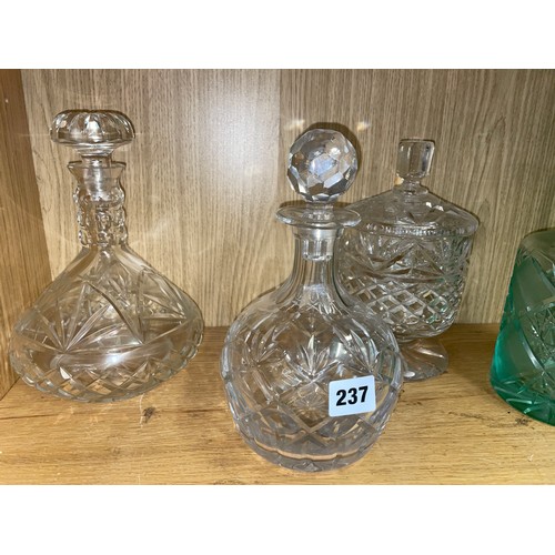 237 - ETCHED GLASS BONBON BOWL AND COVER, MALLET DECANTERS AND GREEN GLASS EWER