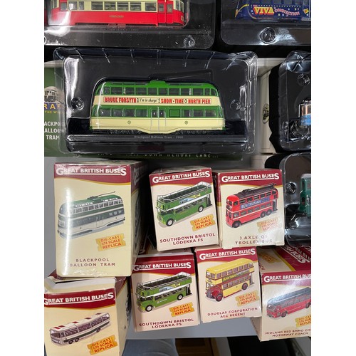 243 - BOXED DIE CAST MODEL TRAMS, DOUBLE DECKER BUSES