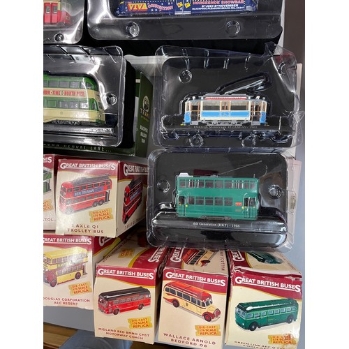 243 - BOXED DIE CAST MODEL TRAMS, DOUBLE DECKER BUSES