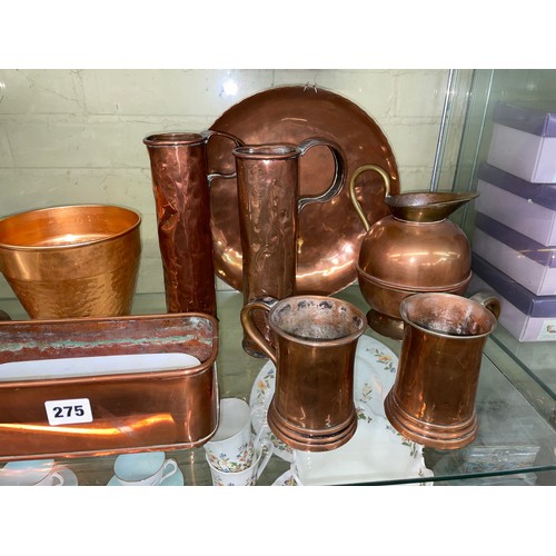 275 - COPPER SPIRIT KETTLE ON STAND, CIRCULAR AND TROUGH PLANTERS, AND COPPER TANKARDS