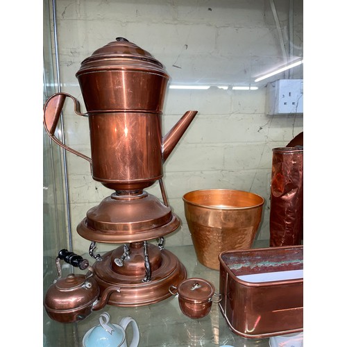 275 - COPPER SPIRIT KETTLE ON STAND, CIRCULAR AND TROUGH PLANTERS, AND COPPER TANKARDS