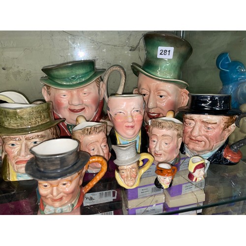 281 - SHELF OF ROYAL DOULTON, BESWICK, AND OTHER DICKENS CHARACTER JUGS