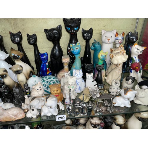 290 - TWO SHELVES OF VARIOUS POTTERY, METALWARES, RESIN AND GLASS CAT FIGURE GROUPS