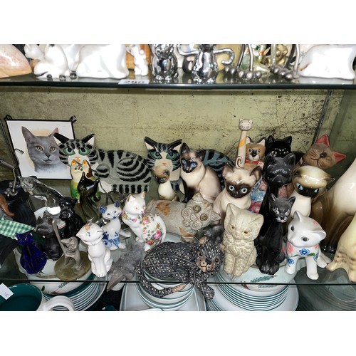 290 - TWO SHELVES OF VARIOUS POTTERY, METALWARES, RESIN AND GLASS CAT FIGURE GROUPS