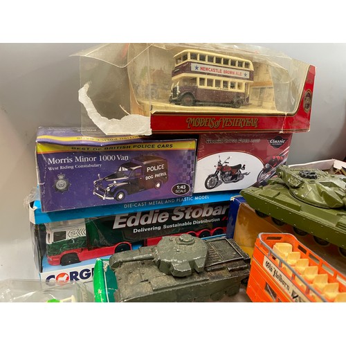 244 - SHELF OF BOXED DIECAST MODEL VANS, EDDIE STOBART TRUCK, UNBOXED PLAYWORN ROYAL MAIL DELIVERY MAILS A... 