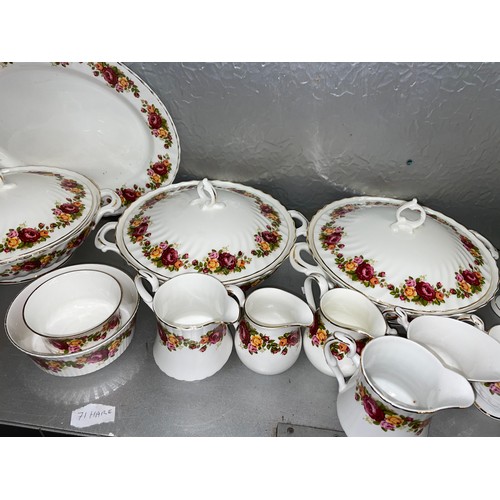 249 - TWO SHELVES OF ASHLEY AND OTHER BONE CHINA ROSE PATTERN DINNER AND TABLEWARES