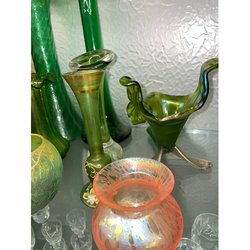 HALF SHELF OF GREEN AND TANGERINE GLASS VASES, IRRIDESCENT BULB VASE ...