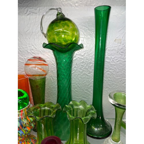 HALF SHELF OF GREEN AND TANGERINE GLASS VASES, IRRIDESCENT BULB VASE ...