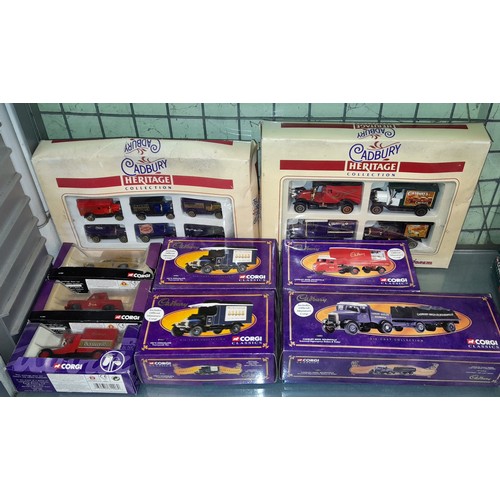 263 - SHELF - CORGI DIECAST CADBURY WORLD VINTAGE TRUCKS AND DELIVERY VEHICLES, CORGI ROUTE MASTER BUSES, ... 