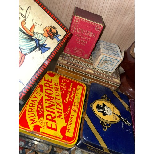 337 - DESK TOPCUBE CLOCK AND VARIOUS VINTAGE TINS AND PLAYING CARDS