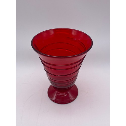 504 - WHITEFRIARS RUBY GLASS RIBBON TRAILED VASE