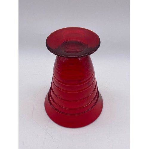 504 - WHITEFRIARS RUBY GLASS RIBBON TRAILED VASE