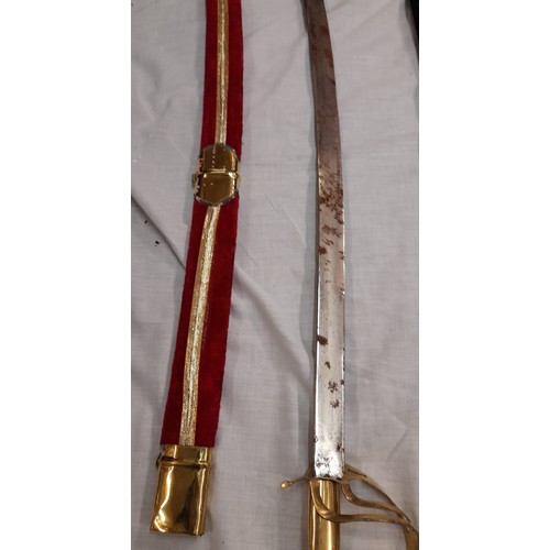 223 - FOUR REPRODUCTION CEREMONIAL SWORDS AND ONE OTHER IN RED SCABBARD