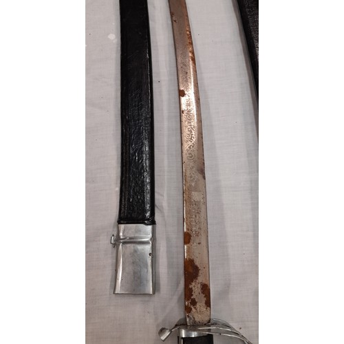 223 - FOUR REPRODUCTION CEREMONIAL SWORDS AND ONE OTHER IN RED SCABBARD