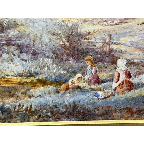 217 - SYLVESTER STANNARD 1870-1951 WATER COLOUR OF GIRLS SEATED IN MEADOW BEFORE A COTTAGE